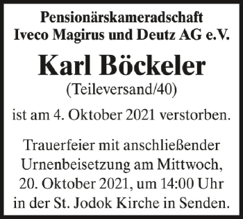 Anzeige von Karl Böckeler von Schwäbische Zeitung
