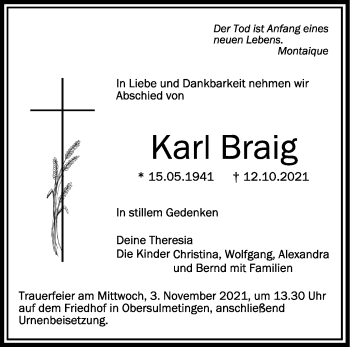 Anzeige von Karl Braig von Schwäbische Zeitung