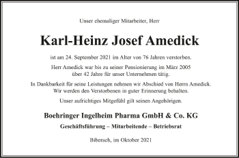 Anzeige von Karl-Heinz Josef Amedick von Schwäbische Zeitung