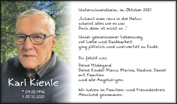 Anzeige von Karl Kienle von Schwäbische Zeitung