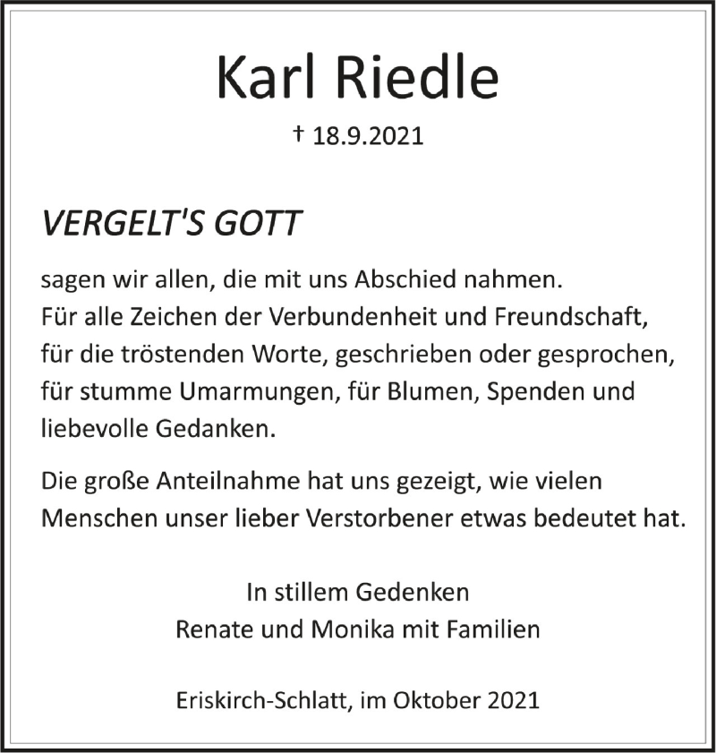  Traueranzeige für Karl Riedle vom 06.10.2021 aus Schwäbische Zeitung