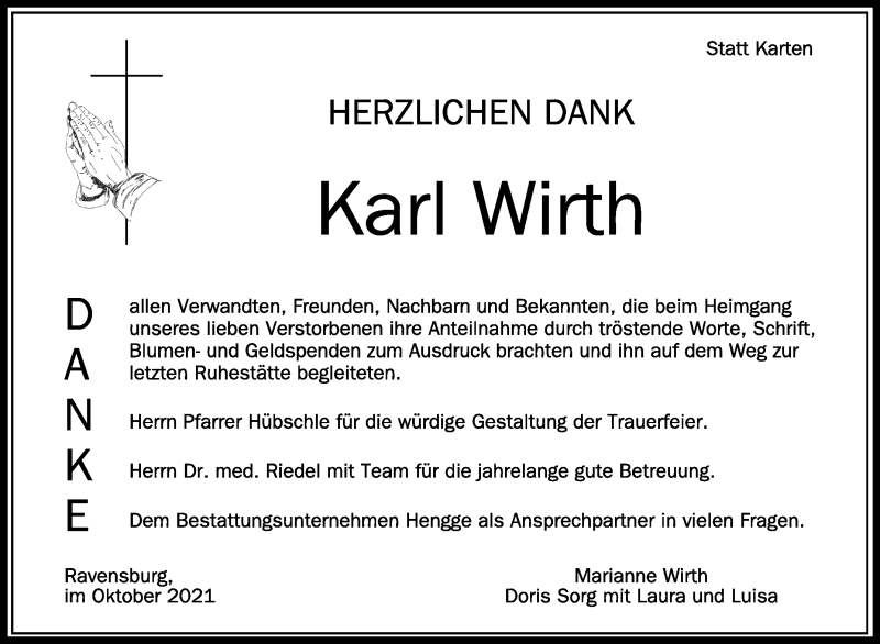  Traueranzeige für Karl Wirth vom 09.10.2021 aus Schwäbische Zeitung