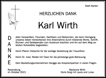 Anzeige von Karl Wirth von Schwäbische Zeitung