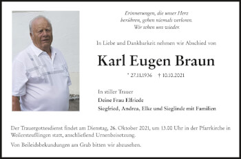Anzeige von Karl Eugen Braun von Schwäbische Zeitung