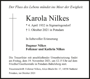 Anzeige von Karola Nilkes von Schwäbische Zeitung