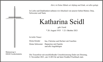 Anzeige von Katharina Seidl von Schwäbische Zeitung