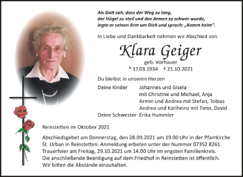 Anzeige von Klara Geiger von Schwäbische Zeitung