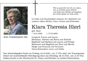 Anzeige von Klara Theresia Hierl von Schwäbische Zeitung