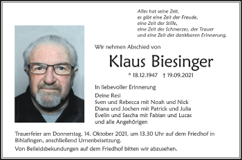 Anzeige von Klaus Biesinger von Schwäbische Zeitung