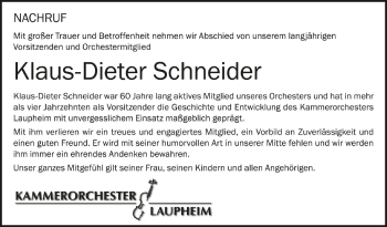 Anzeige von Klaus-Dieter Schneider von Schwäbische Zeitung