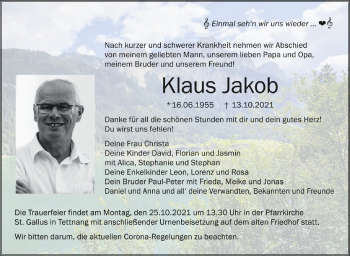 Anzeige von Klaus Jakob von Schwäbische Zeitung