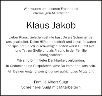Anzeige von Klaus Jakob von Schwäbische Zeitung