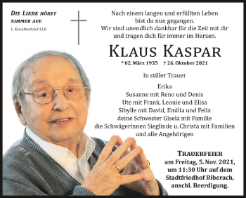 Anzeige von Klaus Kaspar von Schwäbische Zeitung