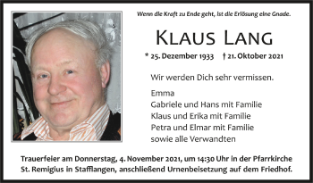 Anzeige von Klaus Lang von Schwäbische Zeitung