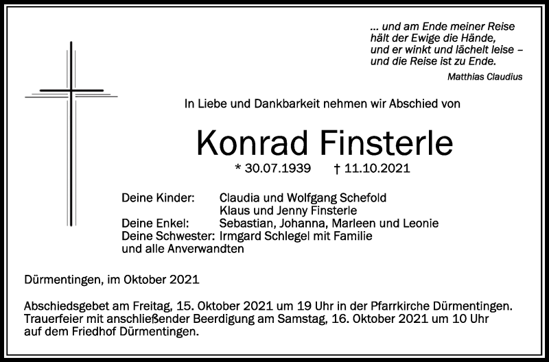  Traueranzeige für Konrad Finsterle vom 14.10.2021 aus Schwäbische Zeitung