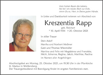 Anzeige von Kreszentia Rapp von Schwäbische Zeitung