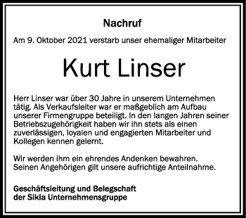 Anzeige von Kurt Linser von Schwäbische Zeitung