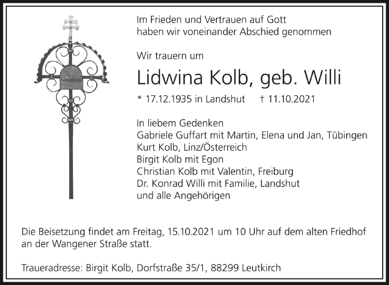  Traueranzeige für Lidwina Kolb vom 14.10.2021 aus Schwäbische Zeitung