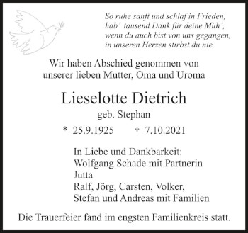 Anzeige von Lieselotte Dietrich von Schwäbische Zeitung