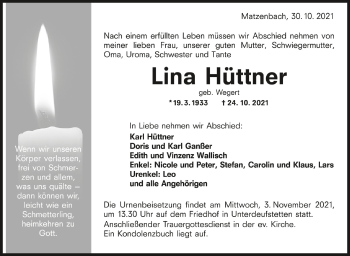 Anzeige von Lina Hüttner von Schwäbische Zeitung