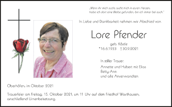Anzeige von Lore Pfender von Schwäbische Zeitung