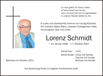 Anzeige von Lorenz Schmidt von Schwäbische Zeitung