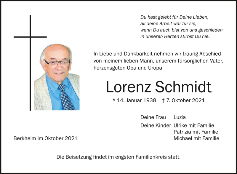  Traueranzeige für Lorenz Schmidt vom 13.10.2021 aus Schwäbische Zeitung