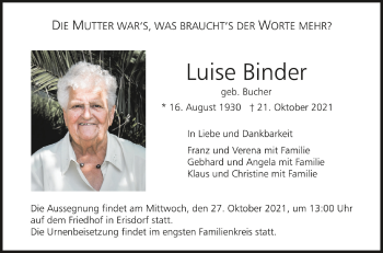 Anzeige von Luise Binder von Schwäbische Zeitung
