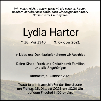 Anzeige von Lydia Harter von Schwäbische Zeitung