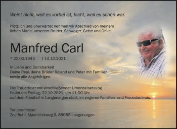 Anzeige von Manfred Carl von Schwäbische Zeitung