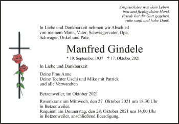 Anzeige von Manfred Gindele von Schwäbische Zeitung