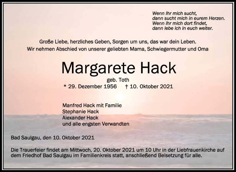  Traueranzeige für Margarete Hack vom 14.10.2021 aus Schwäbische Zeitung