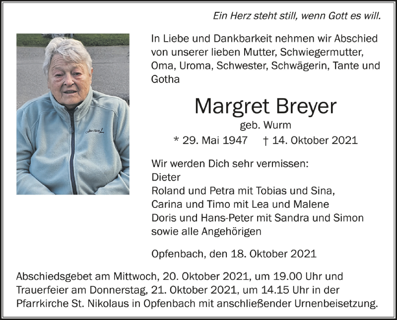  Traueranzeige für Margret Breyer vom 18.10.2021 aus Schwäbische Zeitung