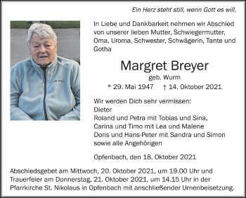 Anzeige von Margret Breyer von Schwäbische Zeitung