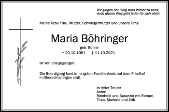 Anzeige von Maria Böhringer von Schwäbische Zeitung