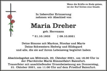 Anzeige von Maria Dreher von Schwäbische Zeitung