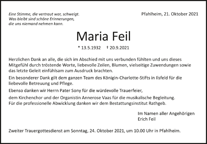  Traueranzeige für Maria Feil vom 21.10.2021 aus Schwäbische Zeitung