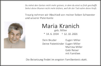 Anzeige von Maria Kranich von Schwäbische Zeitung