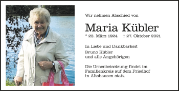 Anzeige von Maria Kübler von Schwäbische Zeitung