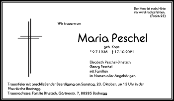 Anzeige von Maria Peschel von Schwäbische Zeitung
