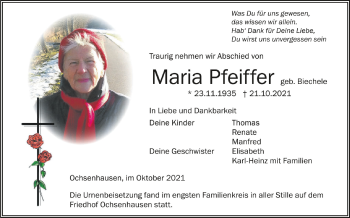 Anzeige von Maria Pfeiffer von Schwäbische Zeitung