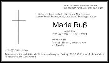 Anzeige von Maria Ruß von Schwäbische Zeitung