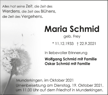 Anzeige von Maria Schmid von Schwäbische Zeitung
