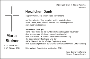 Anzeige von Maria Steiner von Schwäbische Zeitung