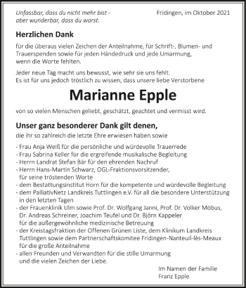 Anzeige von Marianne Epple von Schwäbische Zeitung