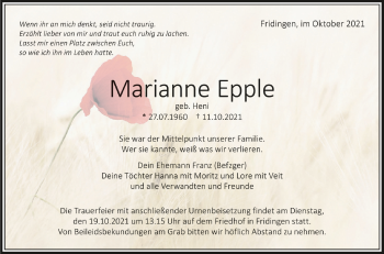 Anzeige von Marianne Epple von Schwäbische Zeitung