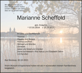 Anzeige von Marianne Scheffold von Schwäbische Zeitung