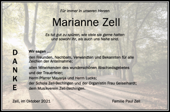 Anzeige von Marianne Zell von Schwäbische Zeitung