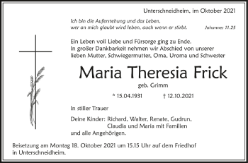 Anzeige von Maria Theresia Frick von Schwäbische Zeitung