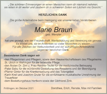 Anzeige von Marie Braun von Schwäbische Zeitung